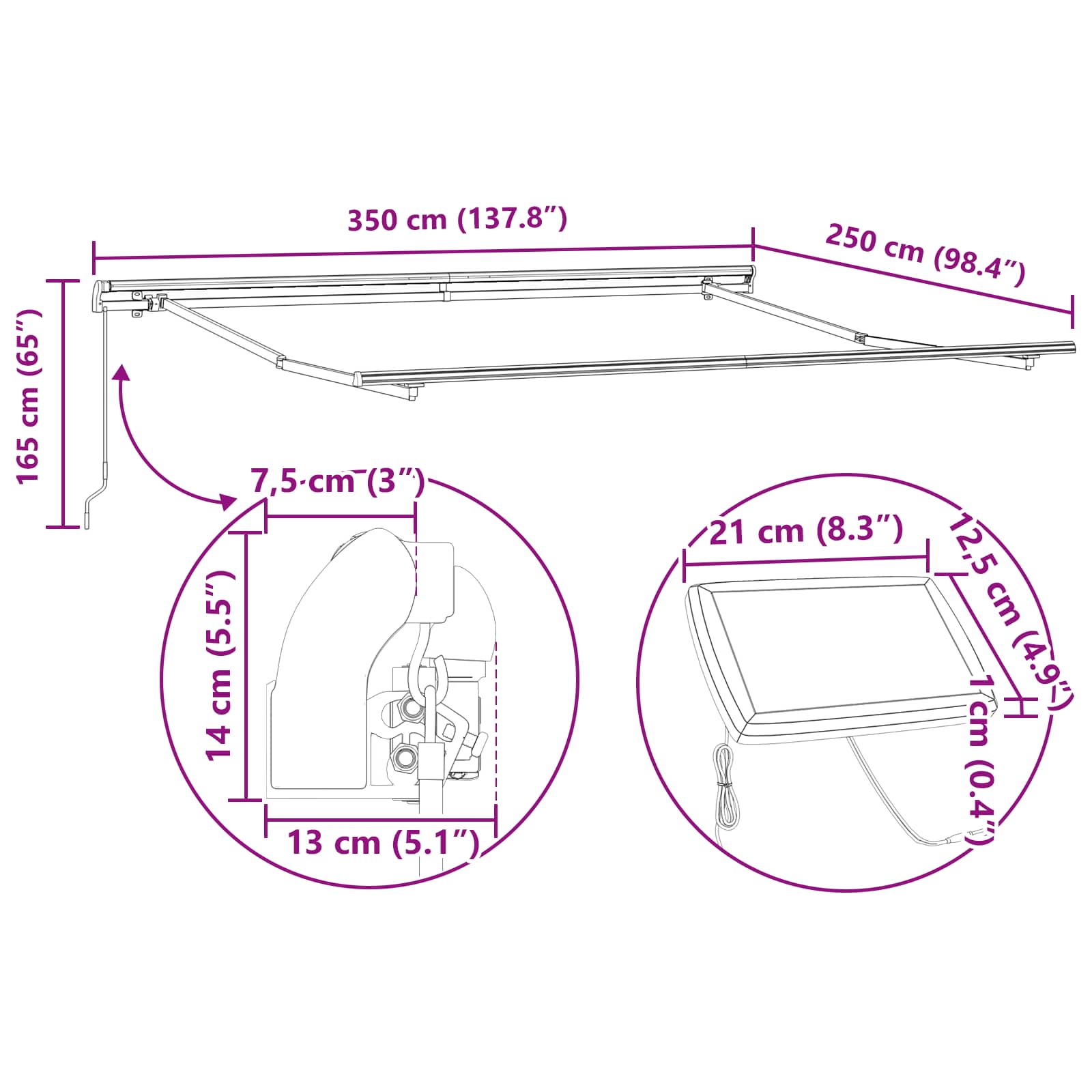 Inklapbaar Zonnescherm Zwart 350 x 250 cm Stof