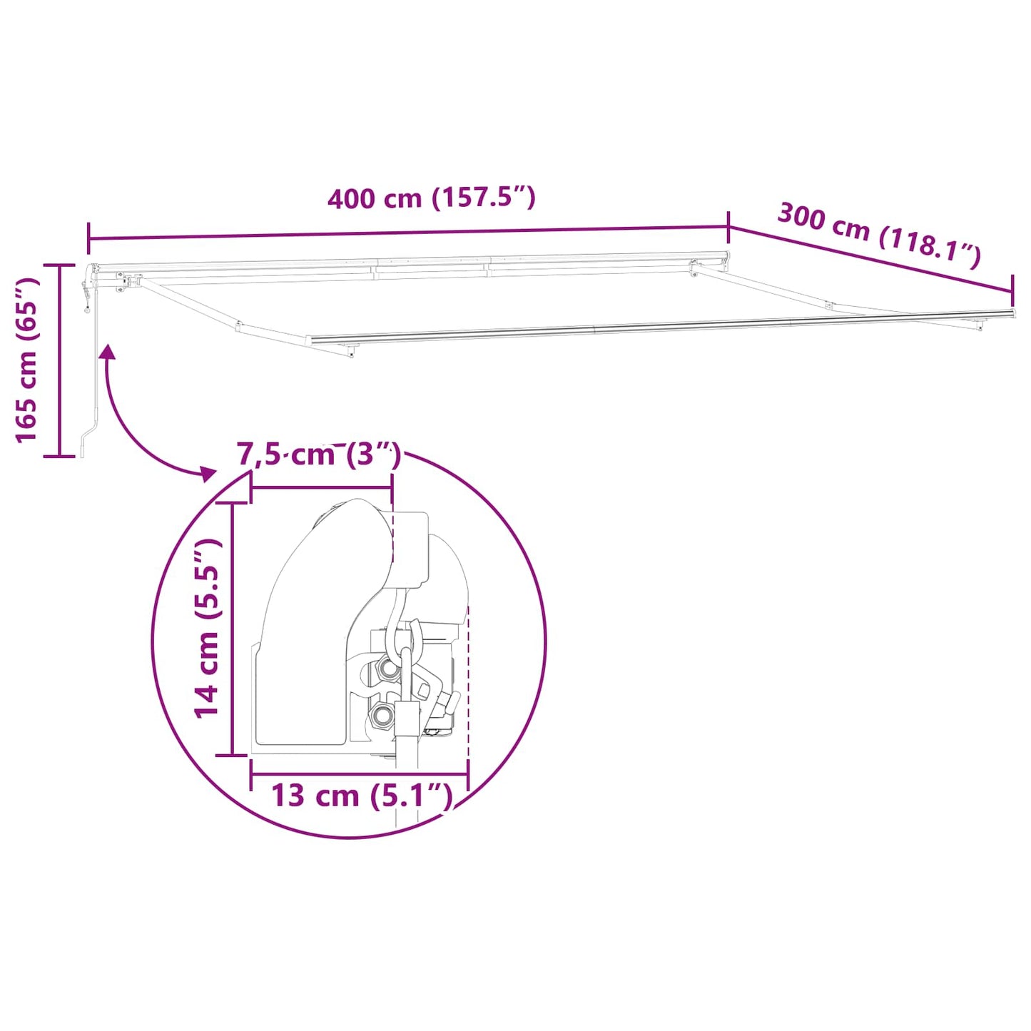 Inklapbaar Zonnescherm Wit 400 × 300 cm Stof
