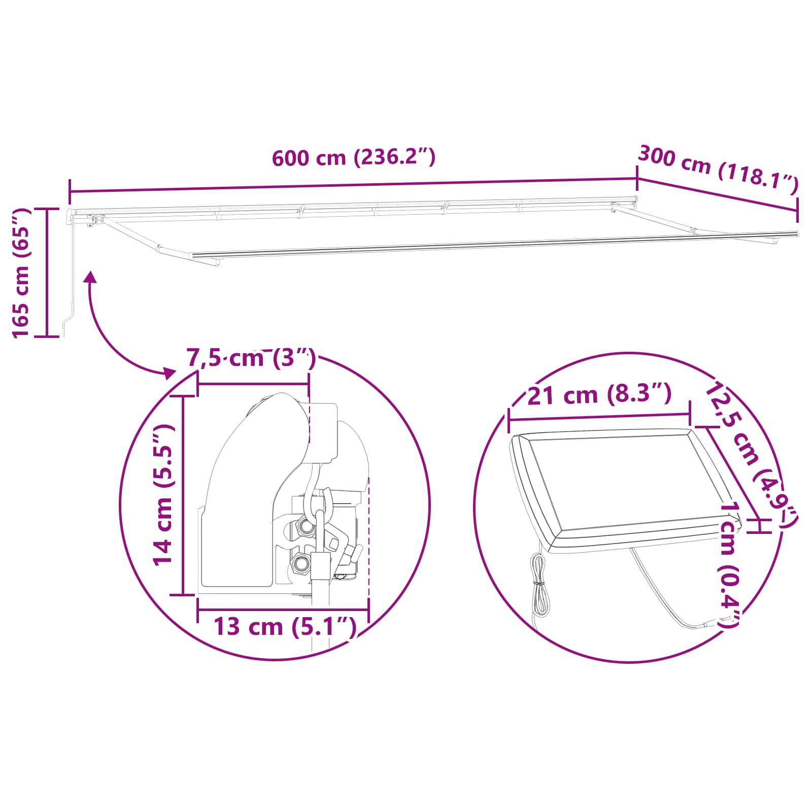 Inklapbaar Zonnescherm Wit 600 ×300 cm Stof