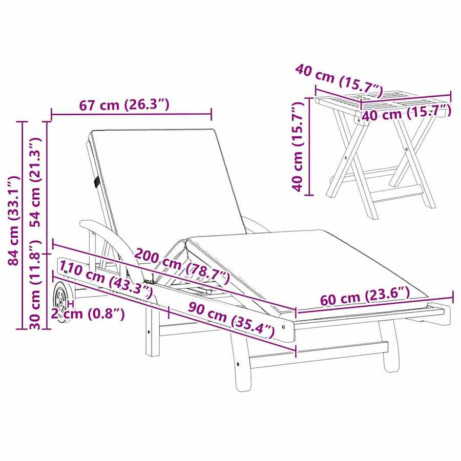Ligstoel 2 Pcs 40 X 40 X 40Cm Massief Acaciahout Beige 2x zonnebed + tafel