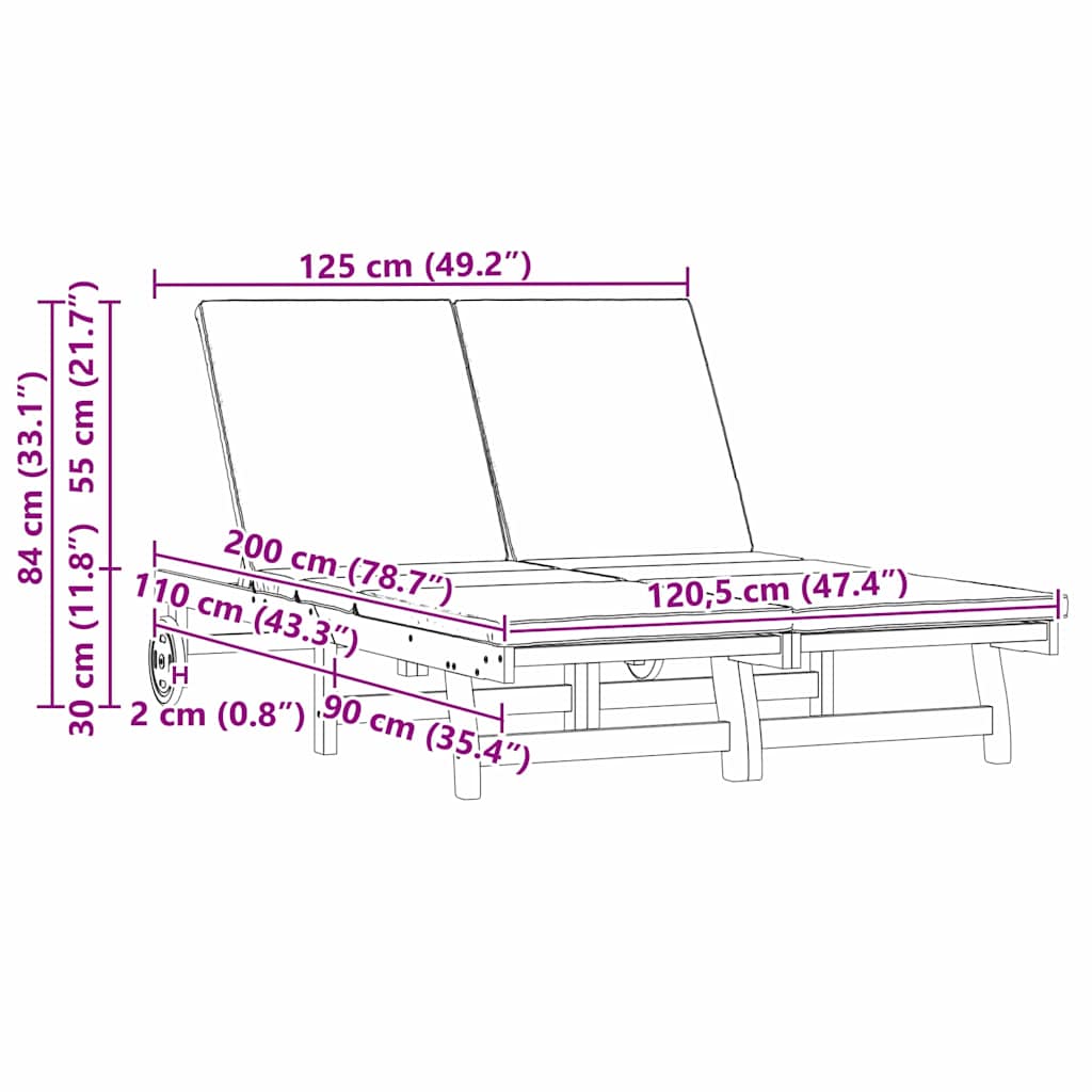 Ligstoel Met Kussen Bruin 125 X 200 X 84Cm Massief Acaciahout Beige 2-persoons ligbed