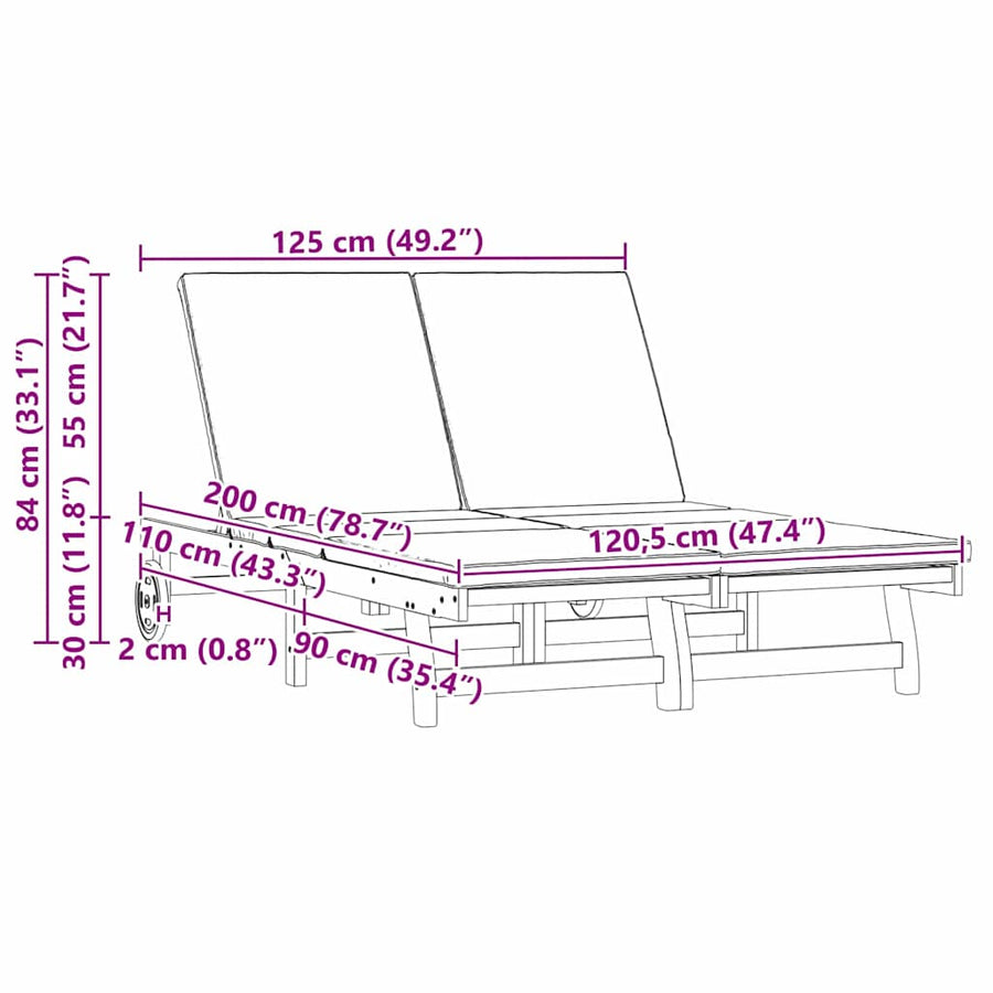 Ligstoel Met Kussen Bruin 125 X 200 X 84Cm Massief Acaciahout Beige 2-persoons ligbed