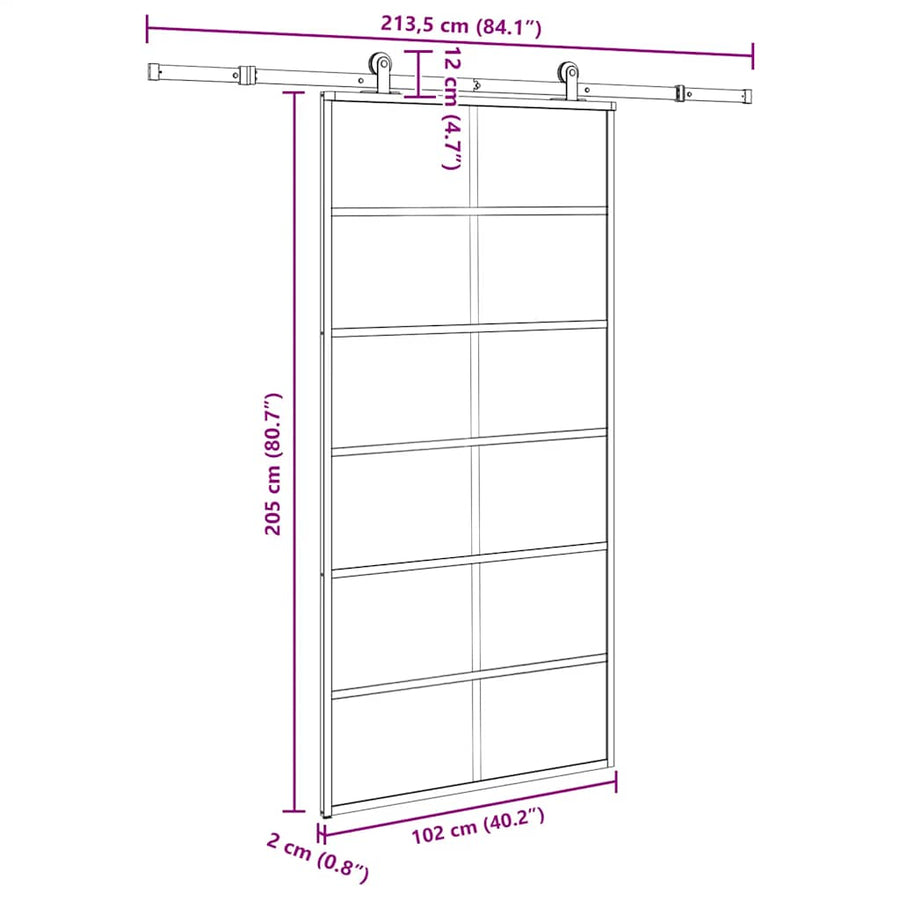 Schuifdeur met beslagset 102x205 cm aluminium en ESG-glas