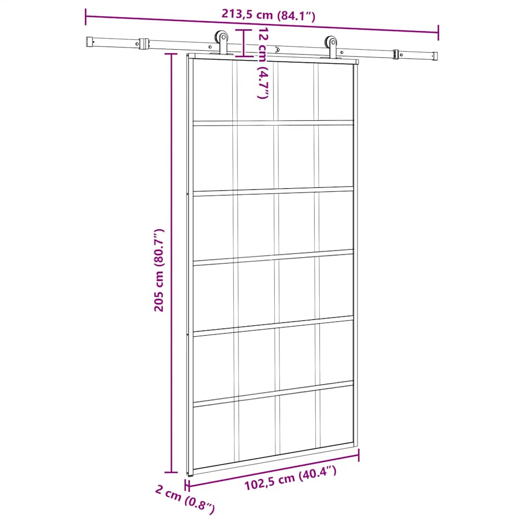 Schuifdeur met beslagset 102x205 cm aluminium en ESG-glas