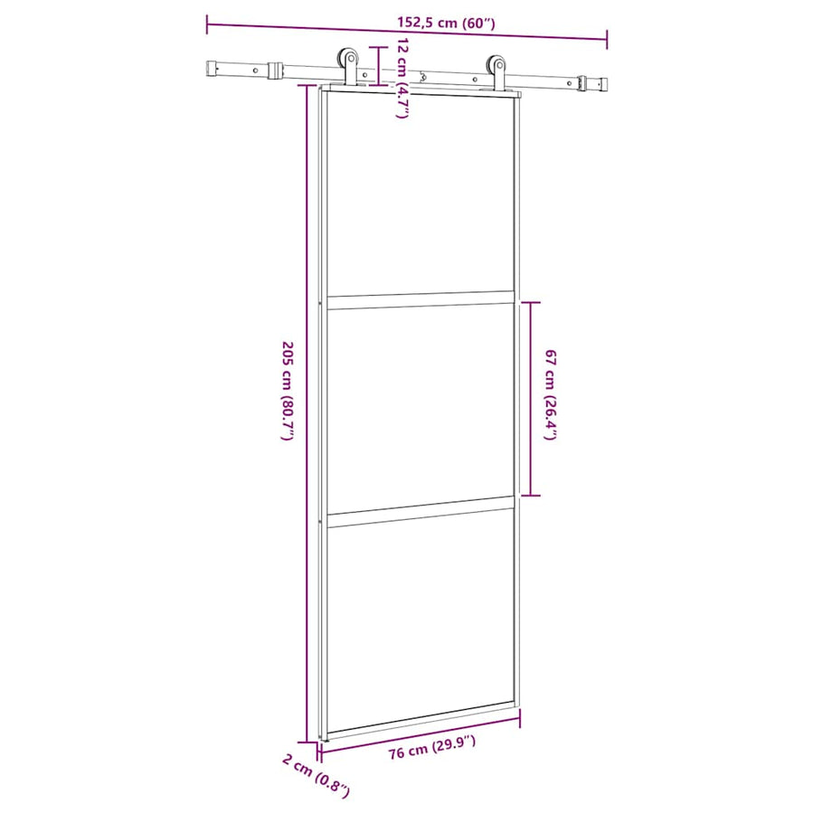 Schuifdeur met beslag 76x205 cm gehard glas en aluminium
