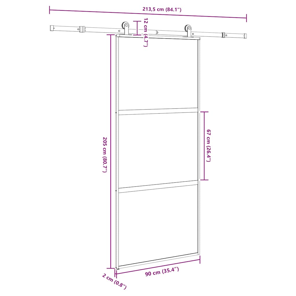 Schuifdeur met beslag 90x205 cm gehard glas en aluminium