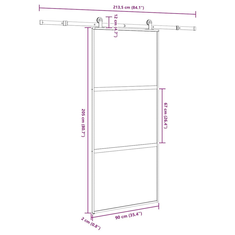Schuifdeur met beslag 90x205 cm gehard glas en aluminium