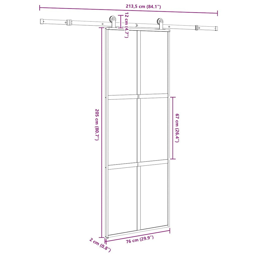 Schuifdeur met beslag 76x205 cm gehard glas en aluminium
