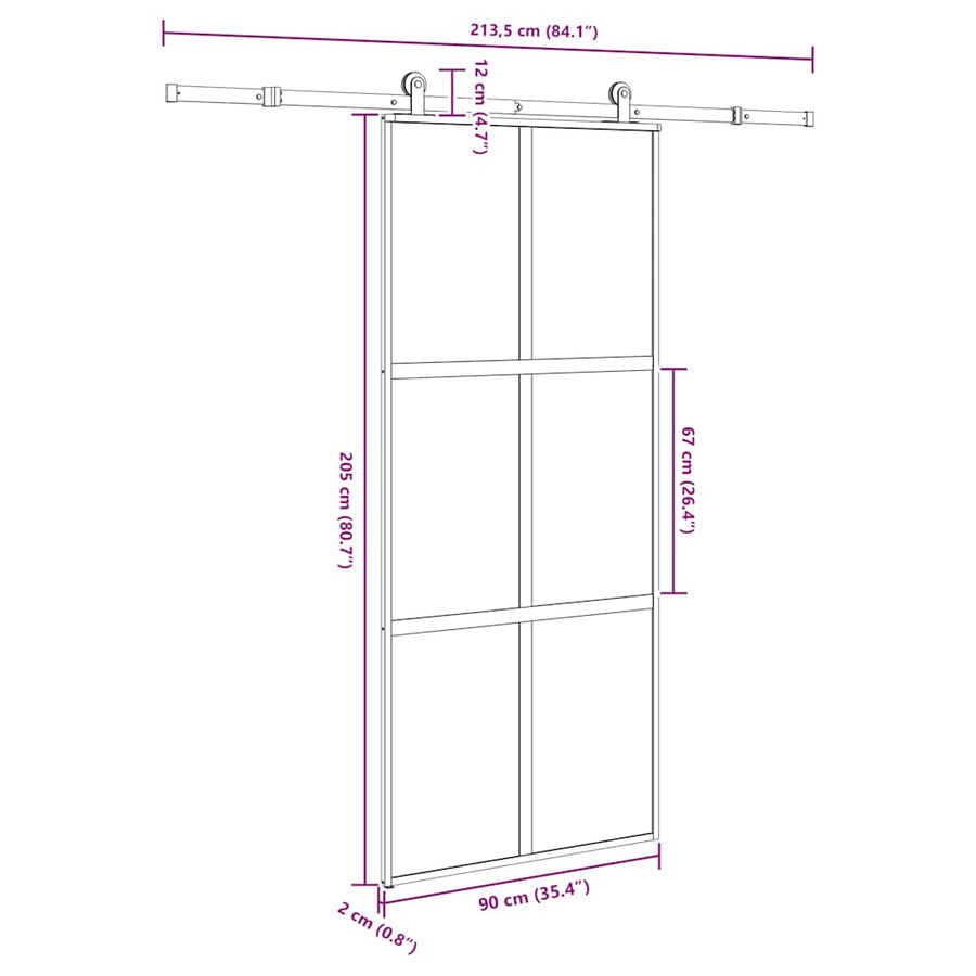 Schuifdeur met beslag 90x205 cm gehard glas en aluminium