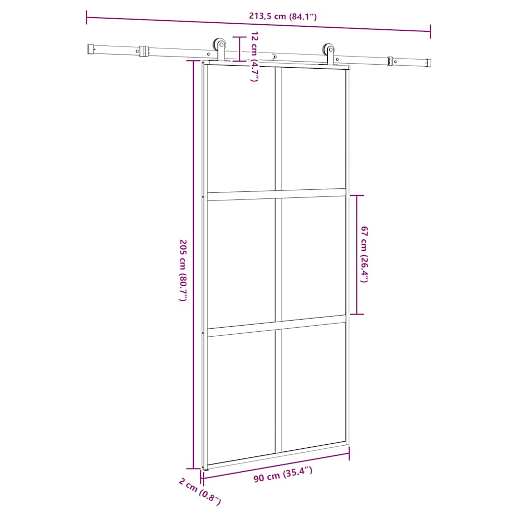 Schuifdeur met beslag 90x205 cm gehard glas en aluminium