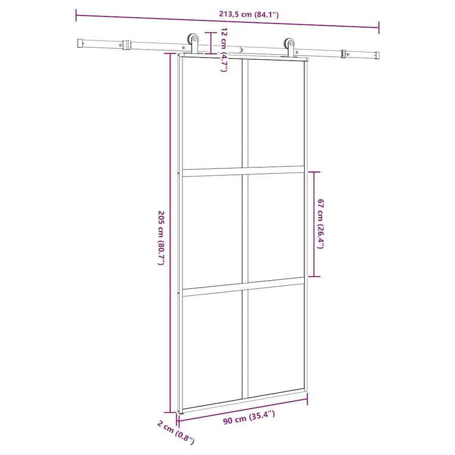 Schuifdeur met beslag 90x205 cm gehard glas en aluminium