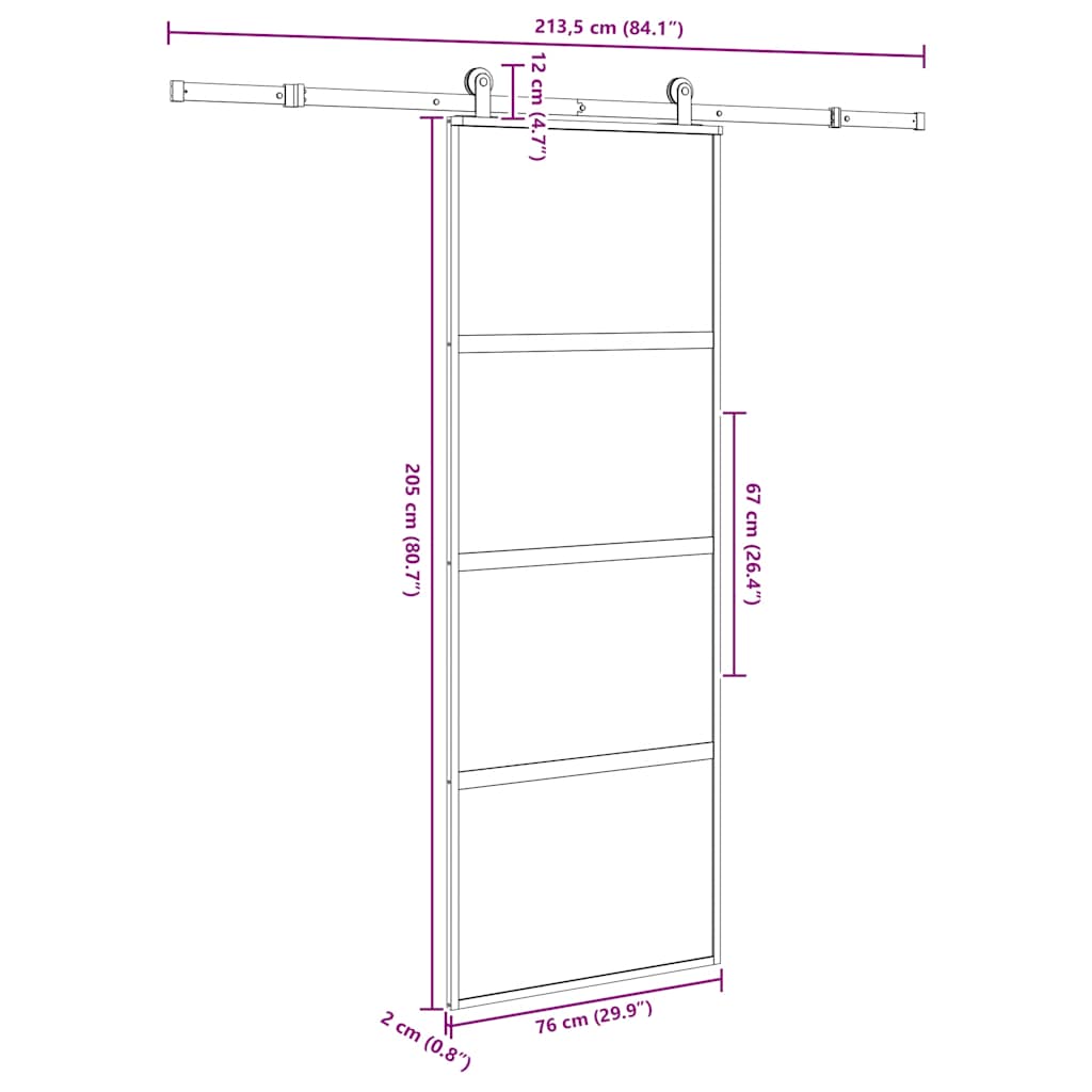 Schuifdeur met beslag 76x205 cm gehard glas en aluminium