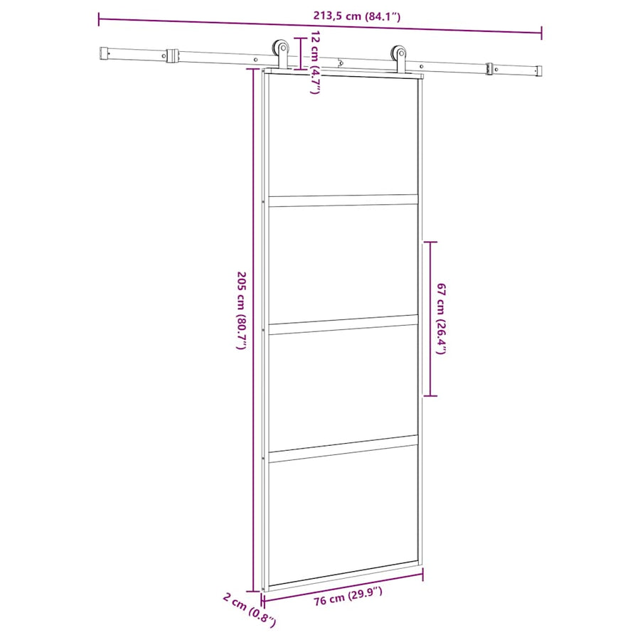 Schuifdeur met beslag 76x205 cm gehard glas en aluminium