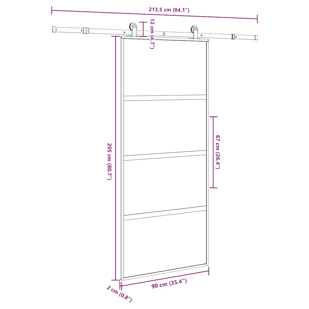 Schuifdeur met beslag 90x205 cm gehard glas en aluminium