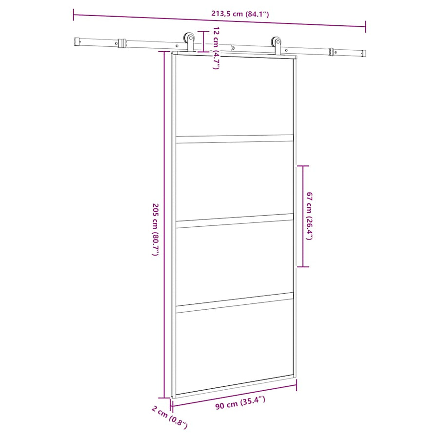 Schuifdeur met beslag 90x205 cm gehard glas en aluminium