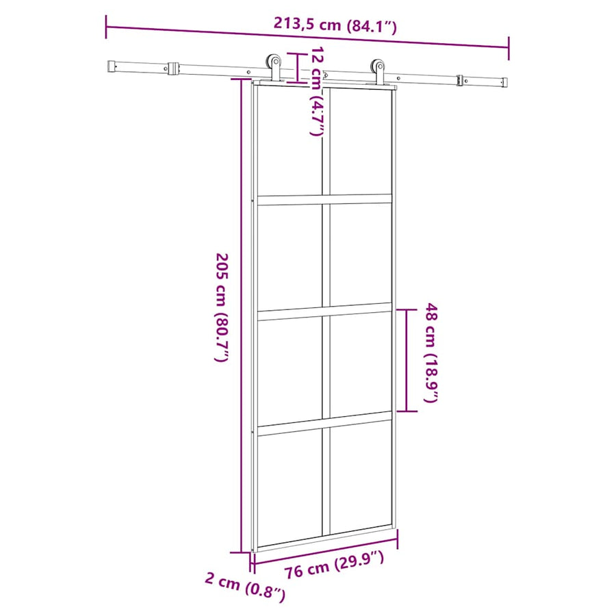 Schuifdeur met beslag 76x205 cm gehard glas en aluminium