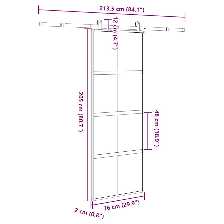 Schuifdeur met beslag 76x205 cm gehard glas en aluminium