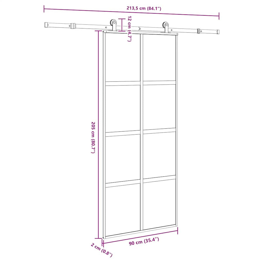 Schuifdeur met beslag 90x205 cm gehard glas en aluminium