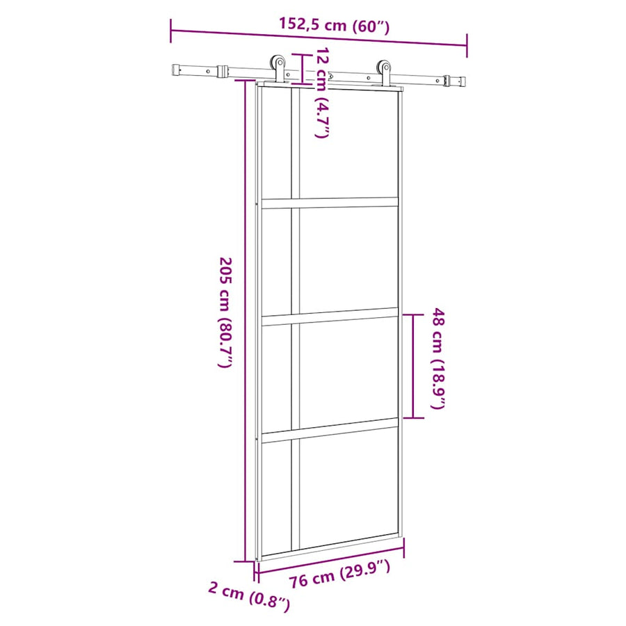 Schuifdeur met beslag 76x205 cm gehard glas en aluminium