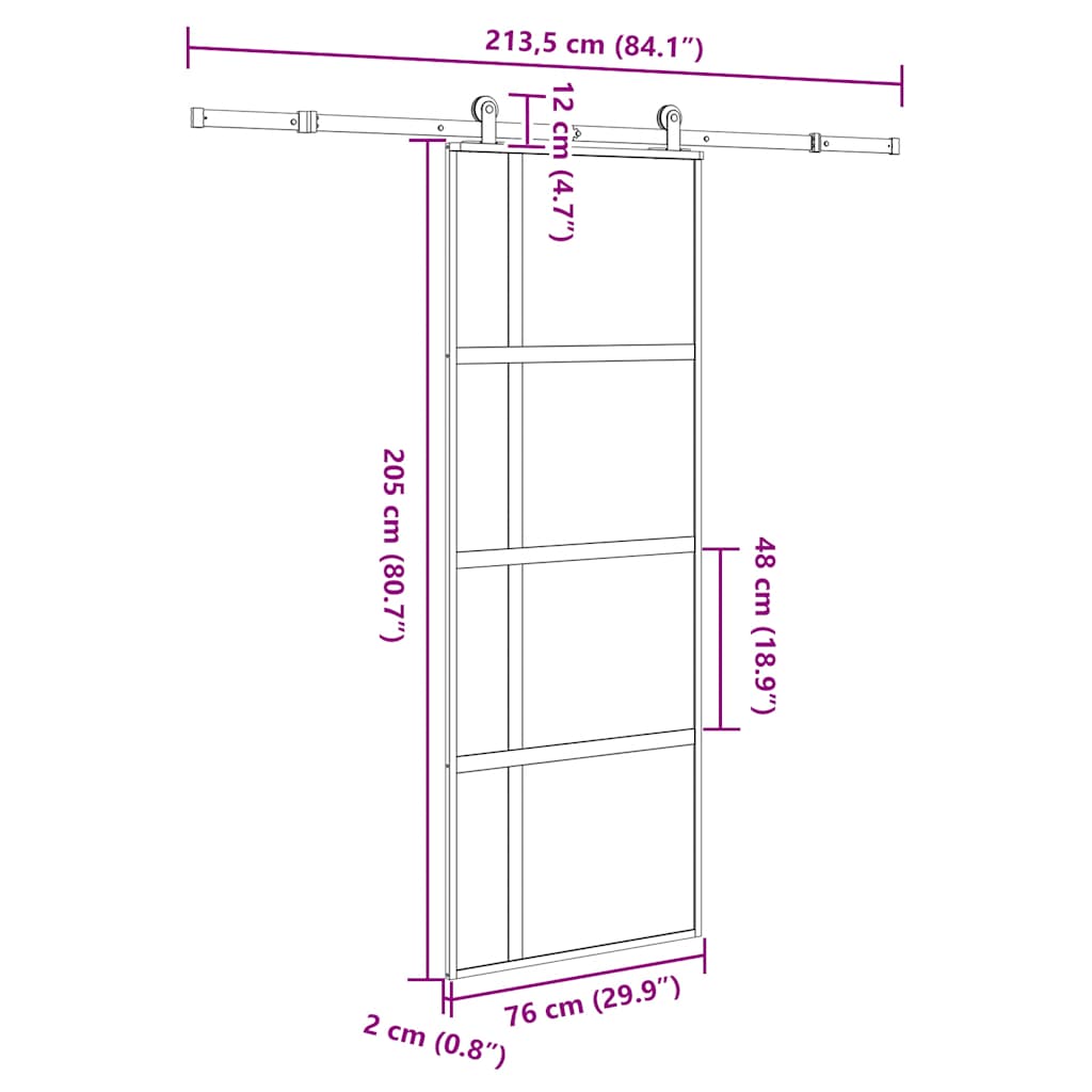 Schuifdeur met beslag 76x205 cm gehard glas en aluminium