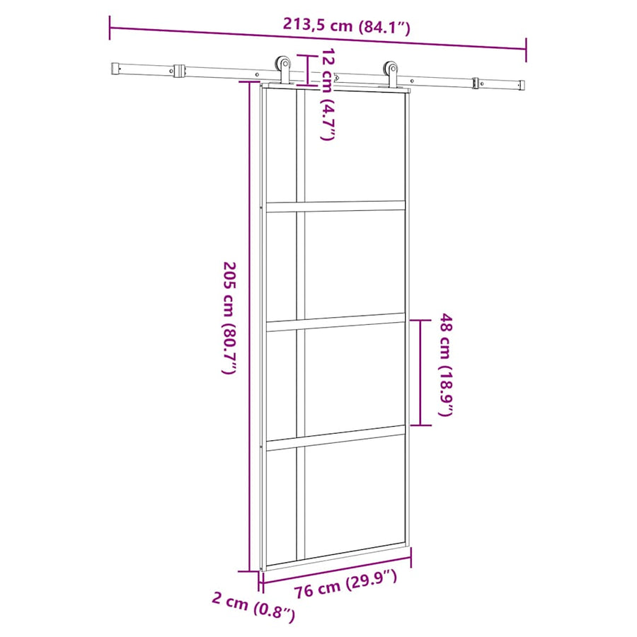 Schuifdeur met beslag 76x205 cm gehard glas en aluminium