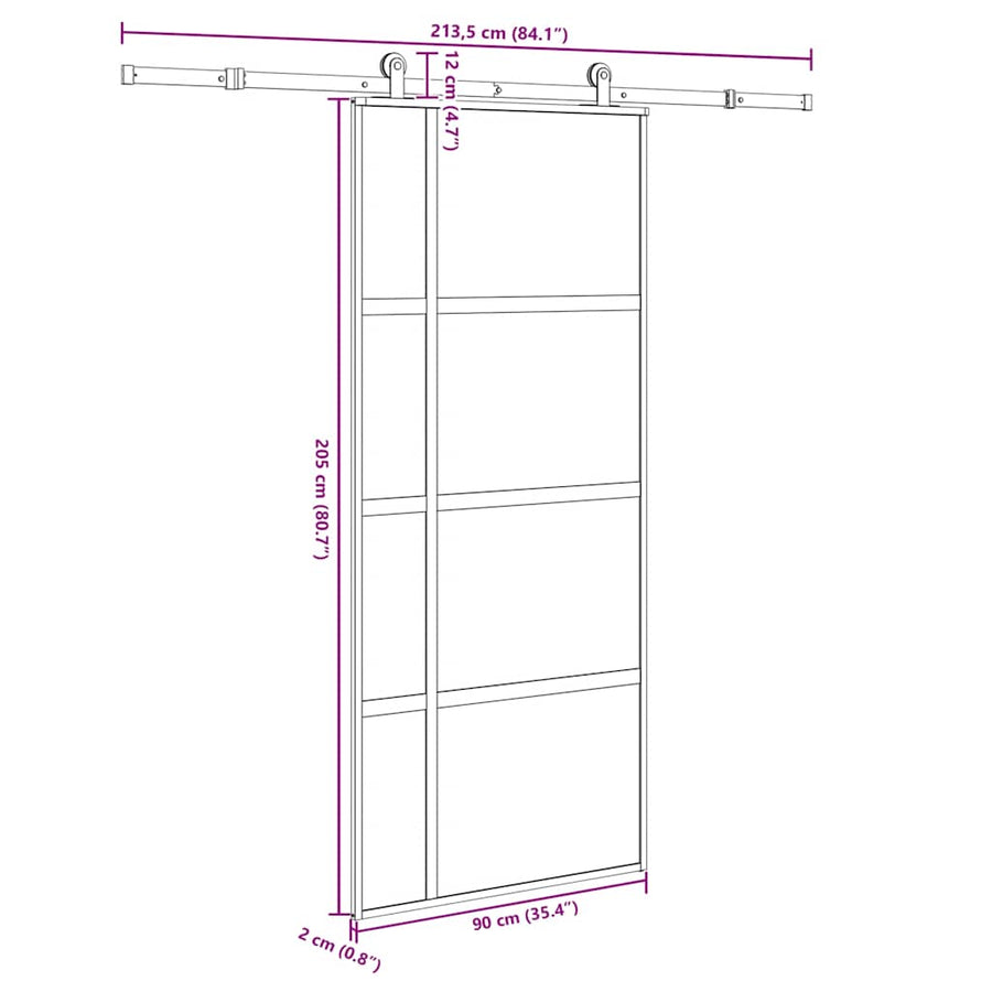 Schuifdeur met beslag 90x205 cm gehard glas en aluminium
