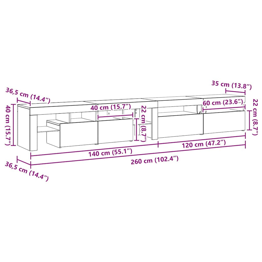 Tv-Meubels 3 St Met Led's Bewerkt Hout Kleurig 260 cm Zwart eiken