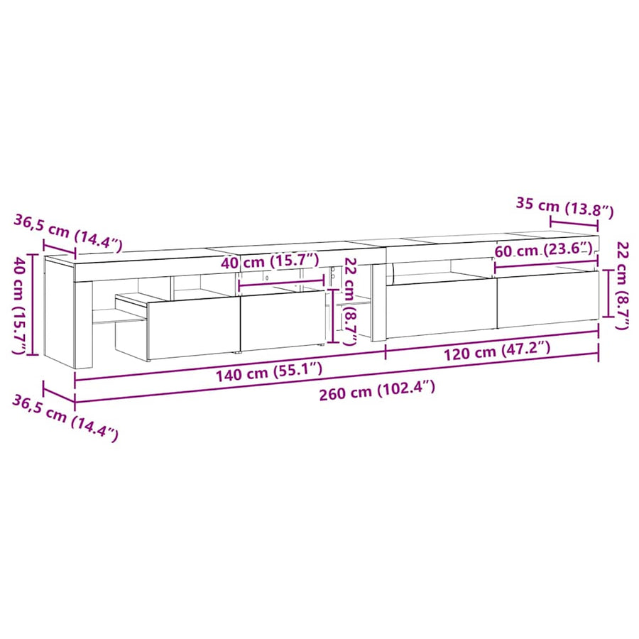 Tv-Meubels 2 St Met Led's Bewerkt Hout Kleurig 260 cm Zwart eiken