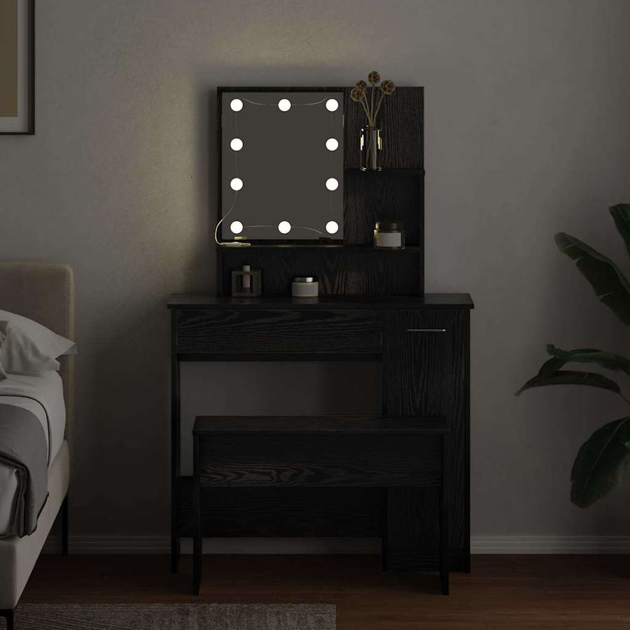 LED Make-up Tafel Set met lade 2 pcs Zwart Eiken Bewerkt hout