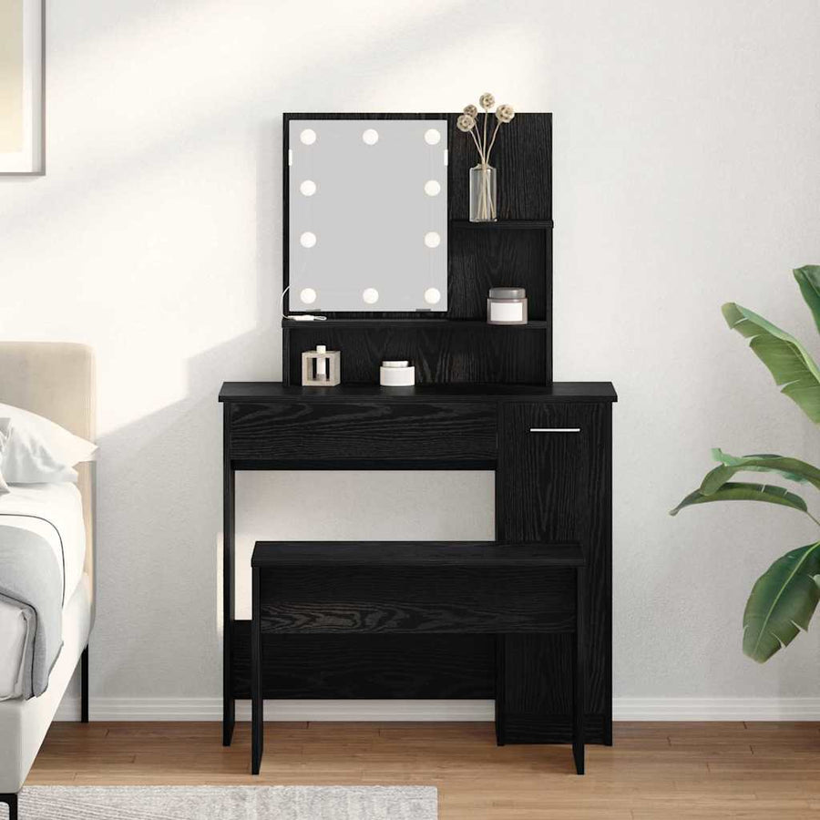 LED Make-up Tafel Set met lade 2 pcs Zwart Eiken Bewerkt hout
