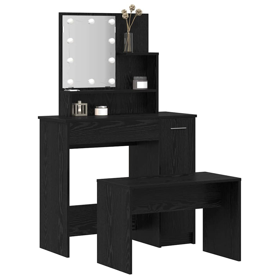 LED Make-up Tafel Set met lade 2 pcs Zwart Eiken Bewerkt hout