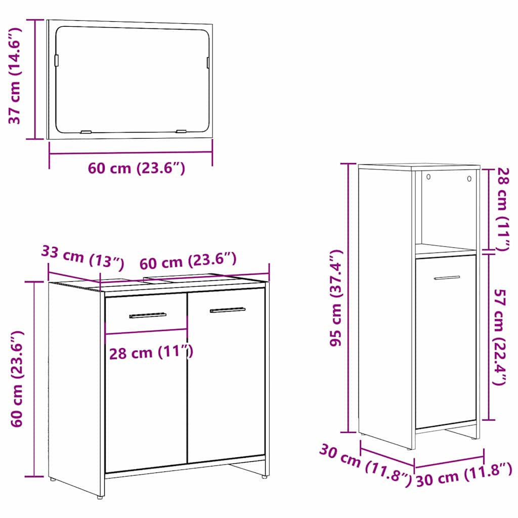 Badkamermeubelset Met Plank 3 Pcs Bewerkt Hout Zwart eiken