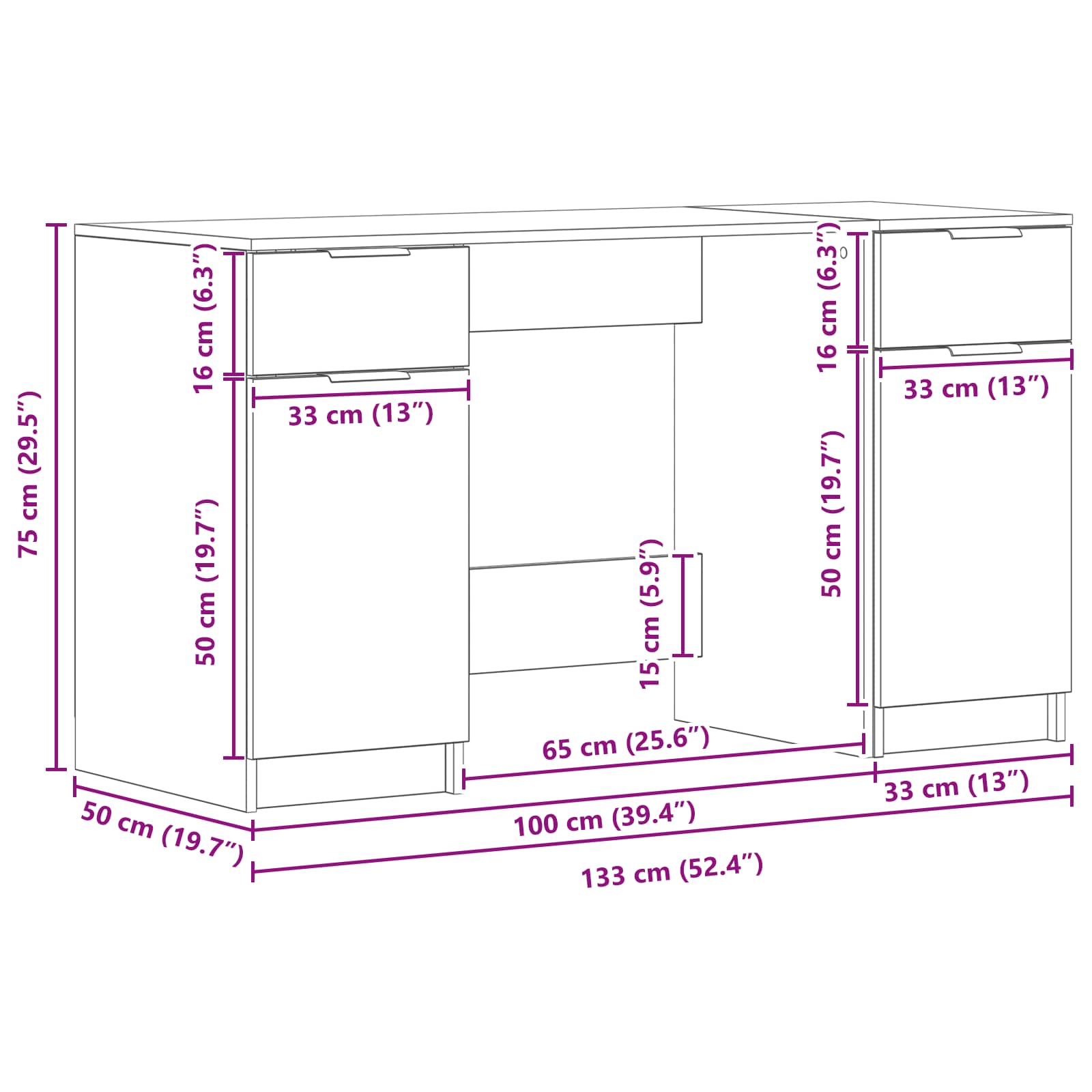 Bureau met lade Zwart Eiken 133 x 50 x 75 cm Bewerkt hout