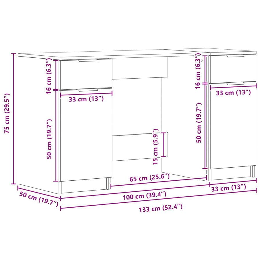 Bureau met lade Zwart Eiken 133 x 50 x 75 cm Bewerkt hout