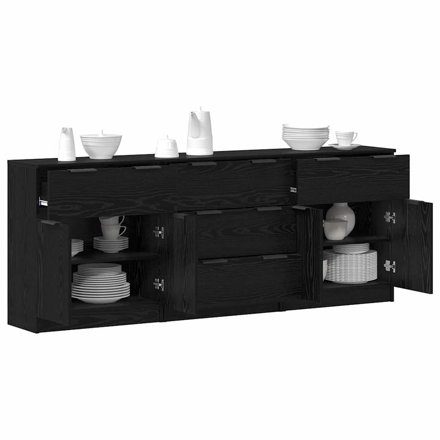 Dressoir 3 pcs Zwart eiken 60 x 30 x 70 cm Bewerkt hout
