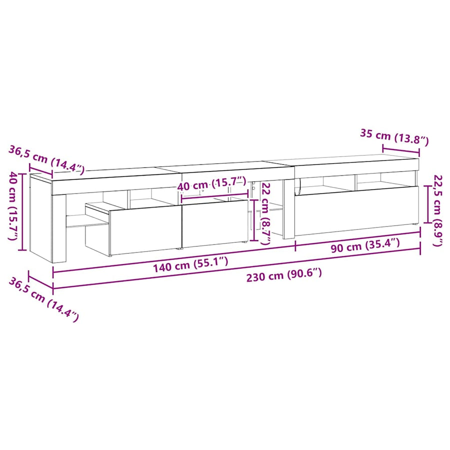 Tv-Meubels 2 St Met Led's Bewerkt Hout Kleurig 230 cm Zwart eiken