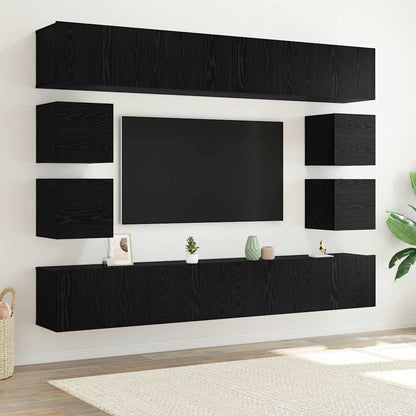 Tv-meubelset Wandgemonteerd 8 pcs Zwart Eiken Bewerkt hout