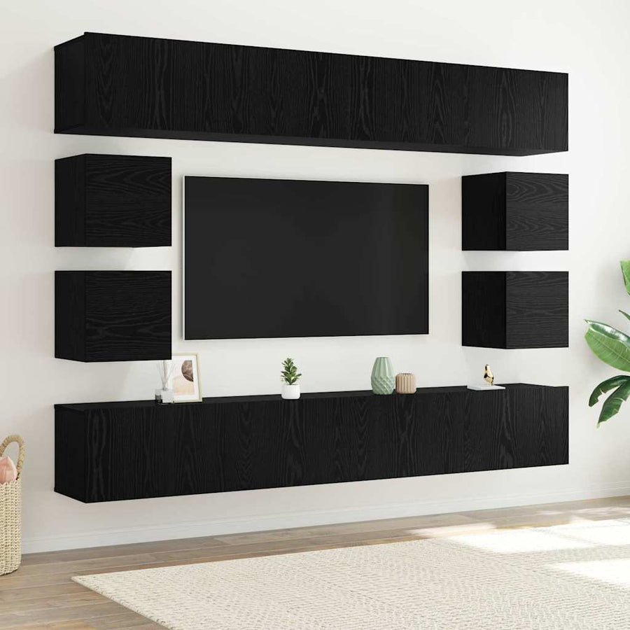 Tv-meubelset Wandgemonteerd 8 pcs Zwart Eiken Bewerkt hout