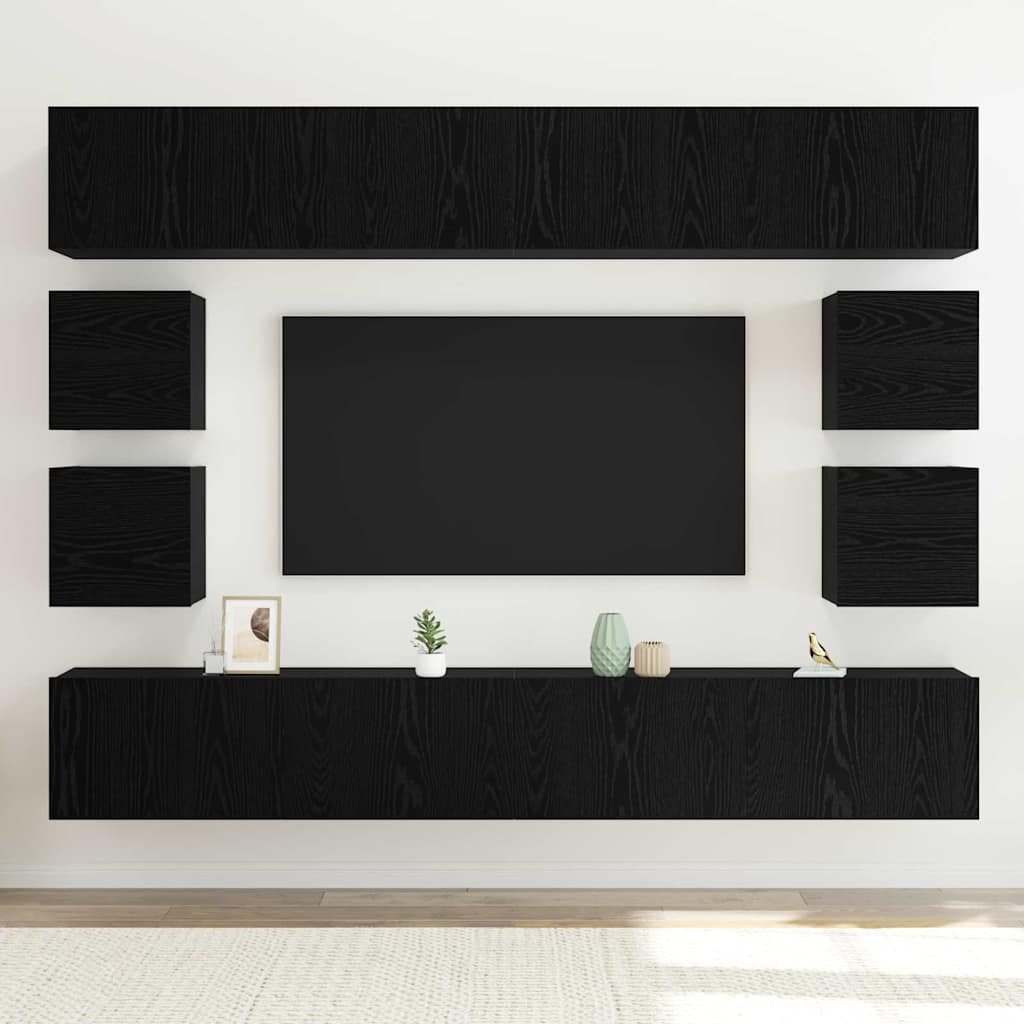 Tv-meubelset Wandgemonteerd 8 pcs Zwart Eiken Bewerkt hout