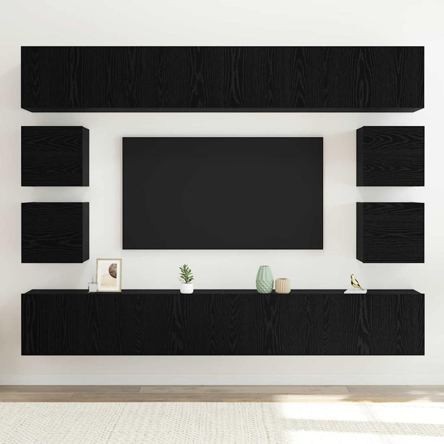 Tv-meubelset Wandgemonteerd 8 pcs Zwart Eiken Bewerkt hout