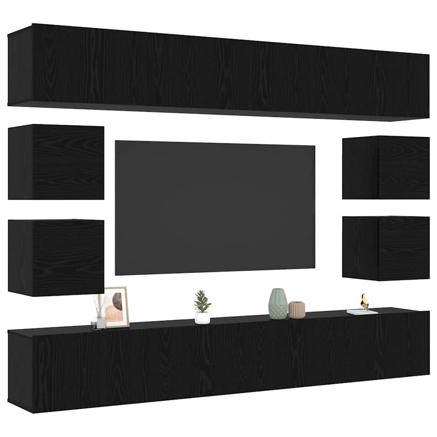 Tv-meubelset Wandgemonteerd 8 pcs Zwart Eiken Bewerkt hout