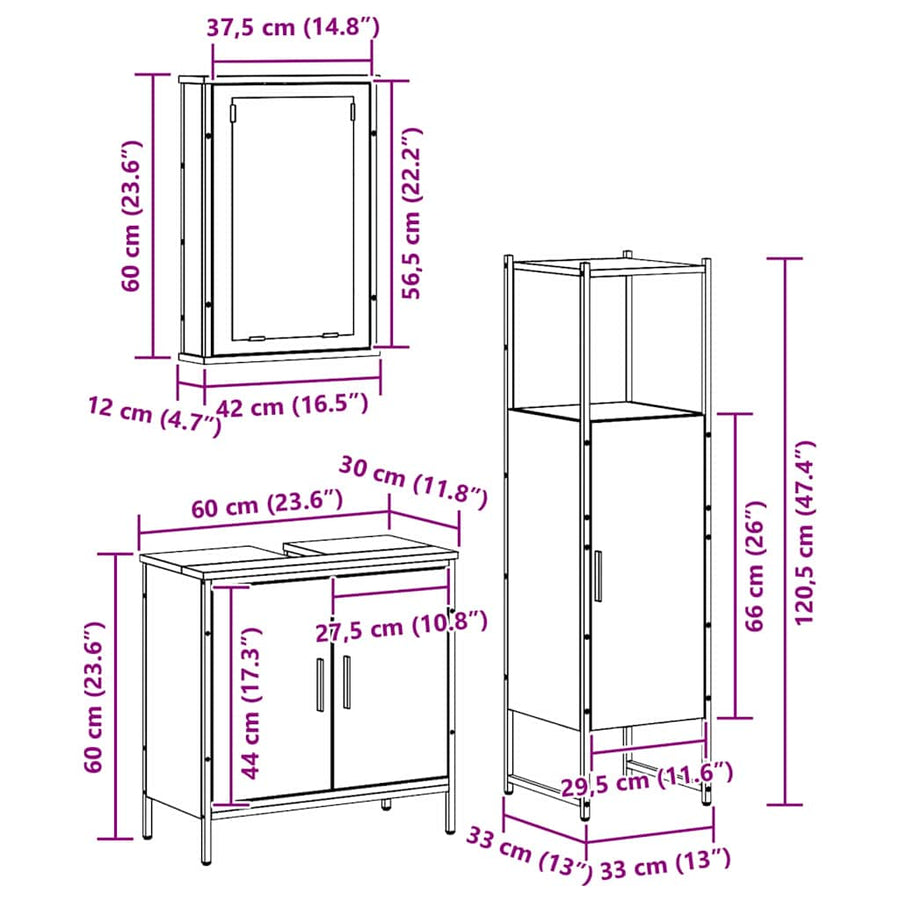 Badkamermeubelset 3 pcs Bruin 33 x 33 x 120.5 cm Bewerkt hout