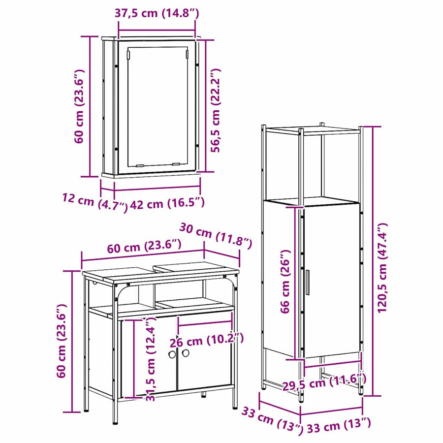 Badkamermeubelset 3 pcs Bruin 33 x 33 x 120.5 cm Bewerkt hout