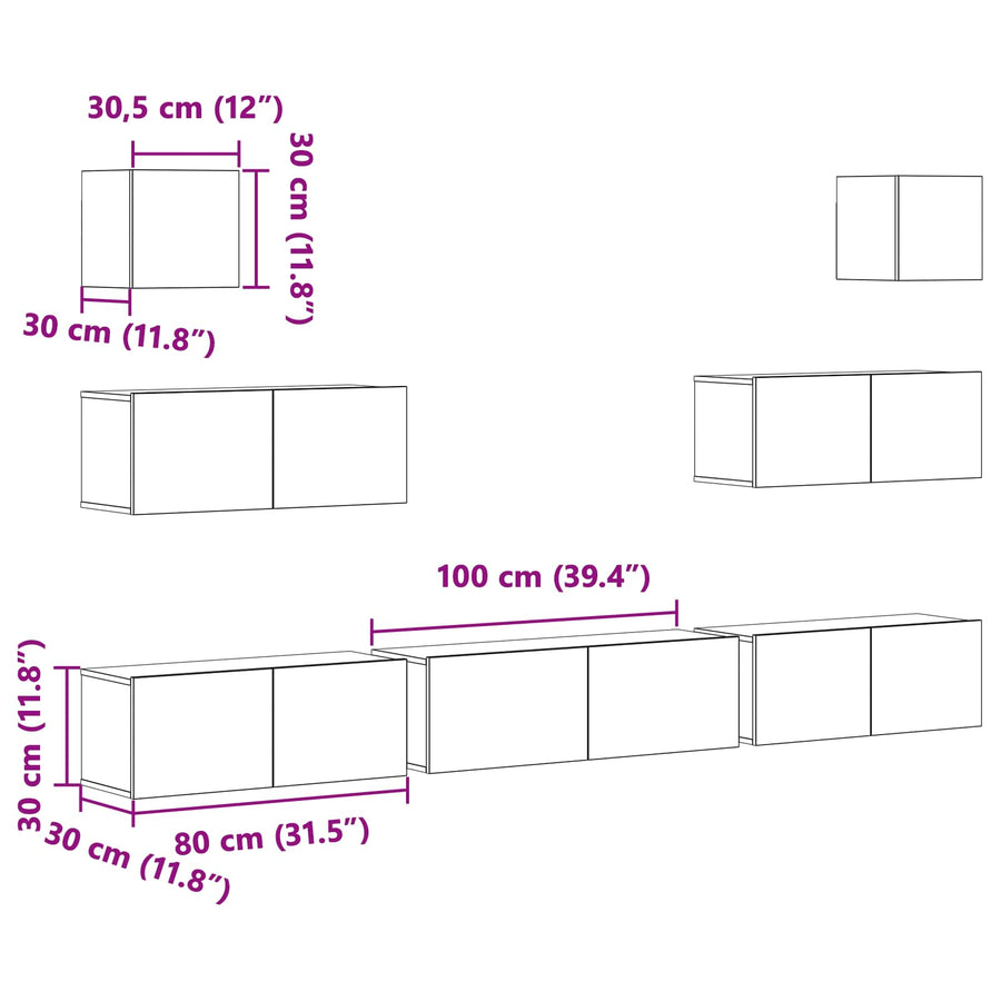 Tv-meubelset 7 pcs Zwart Eiken 100 x 30 x 30 cm Bewerkt hout