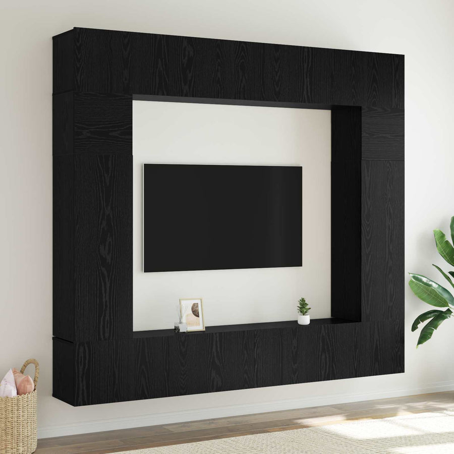 Tv-meubelset Wandgemonteerd 8 pcs Zwart Eiken Bewerkt hout