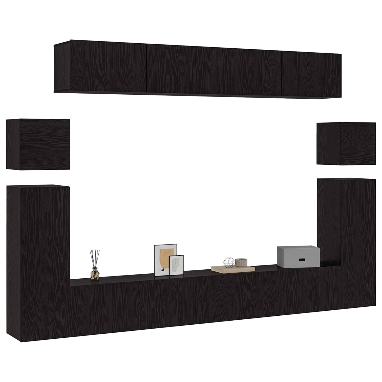 Tv-meubelset Wandgemonteerd 8 pcs Zwart Eiken Bewerkt hout
