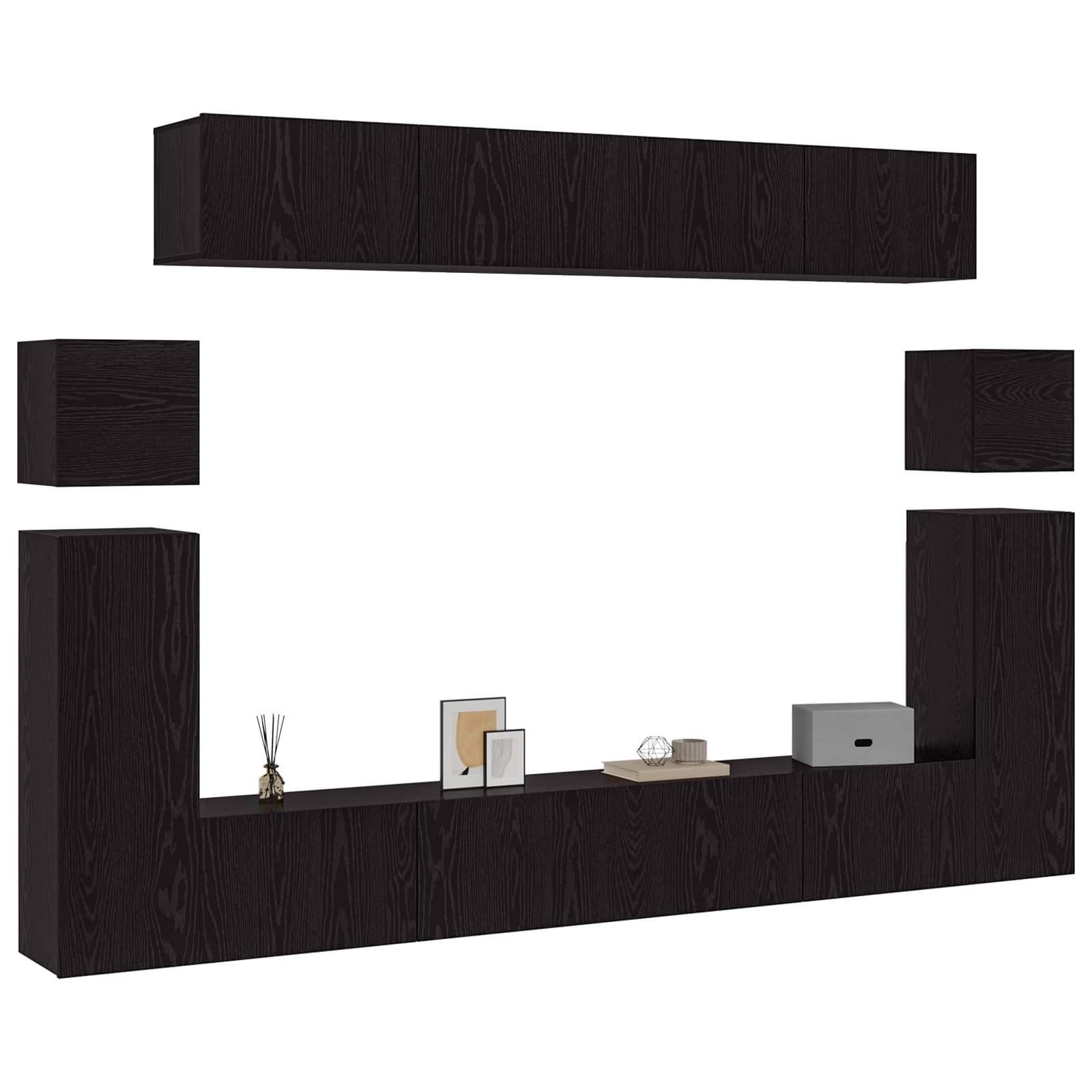 Tv-meubelset Wandgemonteerd 8 pcs Zwart Eiken Bewerkt hout