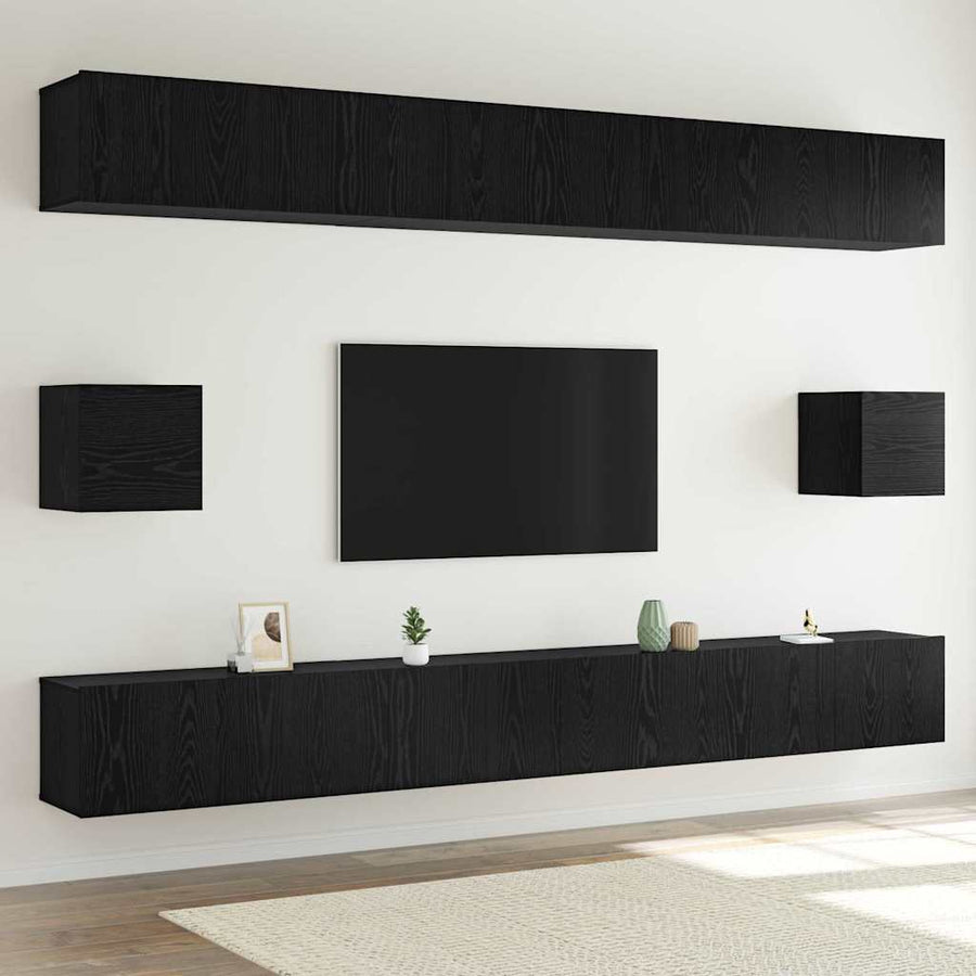 Tv-meubelset Wandgemonteerd 8 pcs Zwart Eiken Bewerkt hout