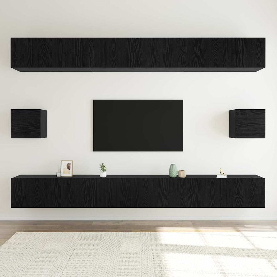 Tv-meubelset Wandgemonteerd 8 pcs Zwart Eiken Bewerkt hout