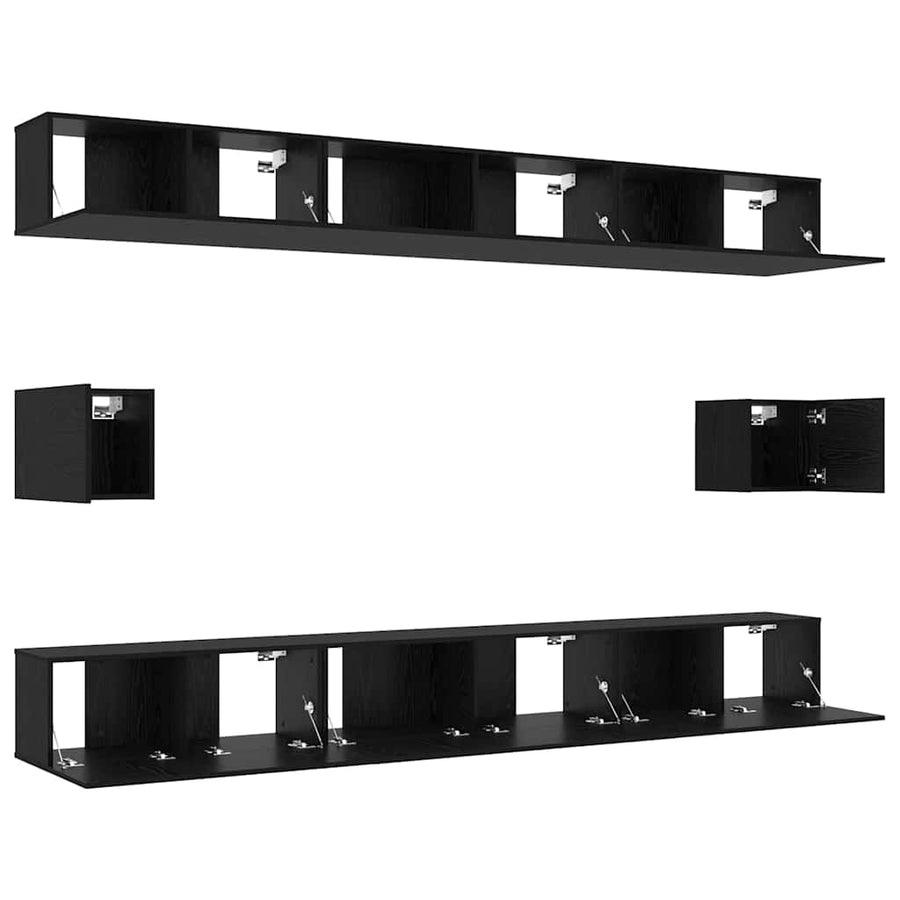 Tv-meubelset Wandgemonteerd 8 pcs Zwart Eiken Bewerkt hout